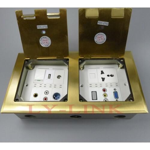 Yellow copper color floor socket ground socket with vga 3RCA AV HDMI power socket and RJ45 support customer designed