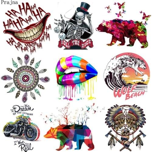 Prajna Punk Patch Iron On Transfer For Clothes Stripe Thermo Stickers On Clothes Heat Transfer Vinyl Skull Wolf Patch Badge DIY