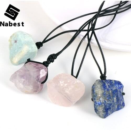 Women Men Natural Gem Stone Pendant Necklace Amethysts Lapis Lazuli Quartz Irregular Adjustable Braided Waxed Rope Jewelry