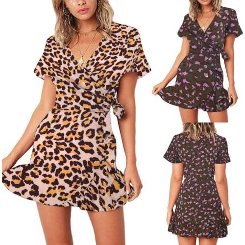 Sexy Dress Fashion Women Chiffon Ruffle Short Sleeve Printed Bandage Casual V-neck Dress Summer Dress 2021 Robe Été Vestidos