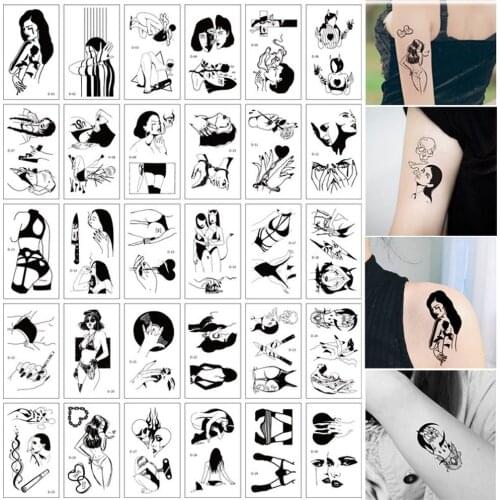 30Pcs/Lot Black Hand Drawn Lines Ukiyo-e Waterproof Temporary Tatoo Stickers Arm Ankle Girl Sexy Fashion DIY Tattoo Body Art