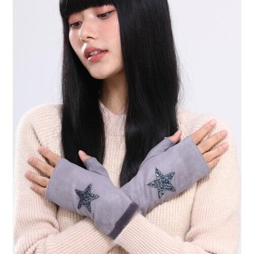 Autumn Winter Women Suede Keep Warm Touch Screen Single Layer Windproof Cartoon Cycling Cute Elasticity Half Finger Gloves