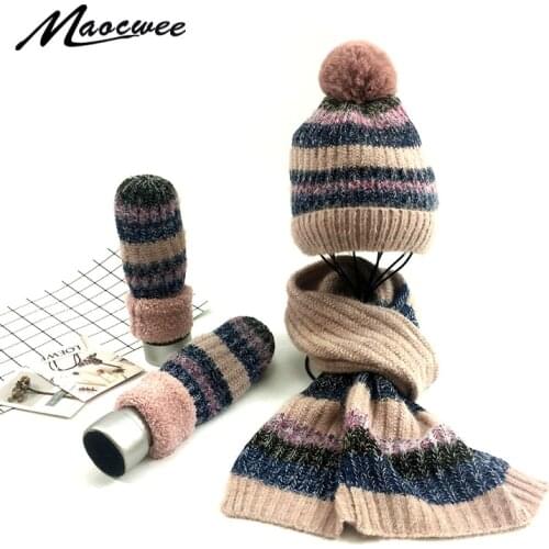 Scarf Hat And Gloves Set Three-piece Set For Women PomPon Skullies Beanies Knitting Autumn And Winter Warm Striped Cap