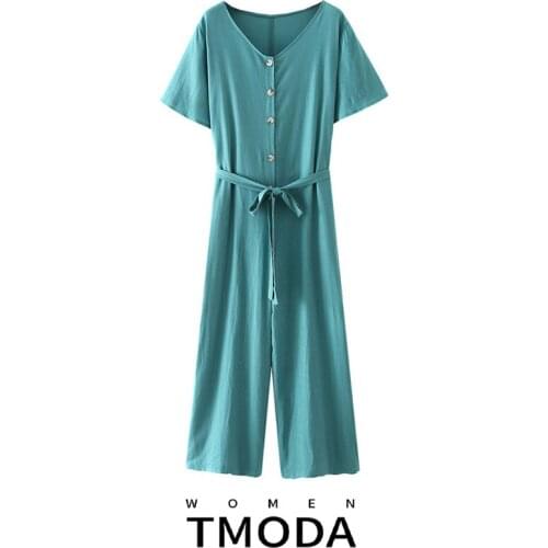 TMODA1325 Za 2021 Summer Women Sashes V-Neck Short SLeeve Loose Jumpsuits With Belt Chic Lady Fashion Casual Female Clothes