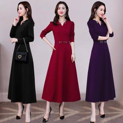 V Neck Dress Elegant Ladies Midi Vestido Long Sleeves Slim Big Swing Plus Size Autumn Dresses High Quality Casual Costumes