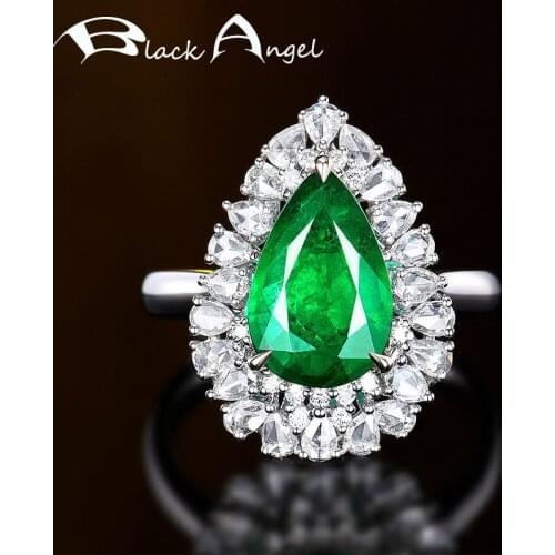 BLACK ANGEL New Silver Large Water Drop Shaped Emerald Adjustable Rings for Women Inlaid Luxury Zircon Gemstone Fine Jewelry
