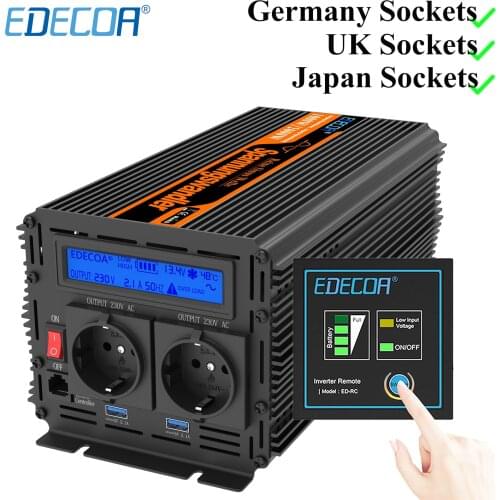 EDECOA 1000W 2000W Power Converter DC 12V AC 220V 230V 240V Pure Sine Wave Usa To 100v 110v 120v 50Hz 60Hz Off Grid Inverter