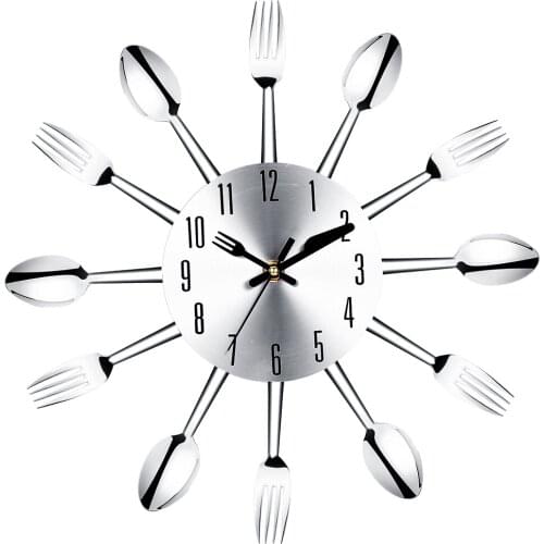 3D Wall Clock Modern Design Large Wall Watch Home Stainless Steel Knife and Fork Spoon Kitchen Restaurant Clock Home Decor 25X09