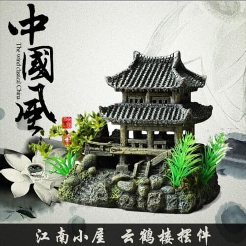 Fish Tank Landscaping Rockery Aquarium Decorative Landscaping Resin Retro Chinese Ornaments Style Jiangnan Hut Water Town