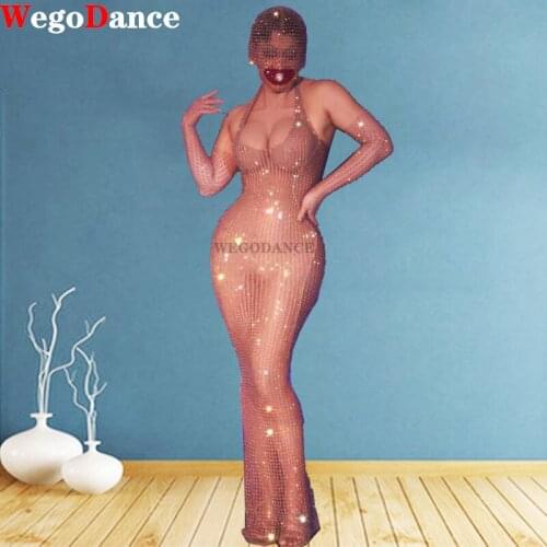 Flashing Sparkling Rhinestones Transparent Dress Women Sleeveless Birthday Bar Dancer Singer Long Costume