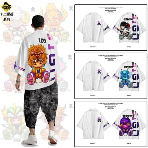 Cartoon Twelve Constellations Printed Cardigan Obi Yukata Mens Haori Kimono And Pant Traditional Japan Streetwear Clothing
