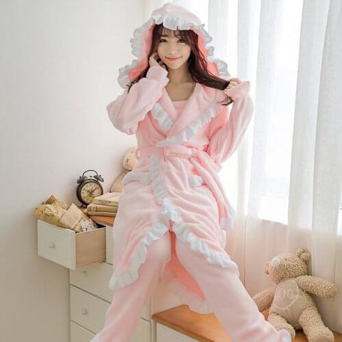 Three-Piece Flannel Hooded Lace Robe Set Flannel Sleepwear Bathrobe Sling Pants Pajamas Suit Intimate Lingerie Lovely Nightwear