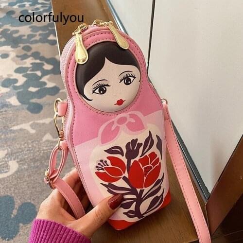 Cute Pink Doll Shaped Shoulder Bag Small Crossbody Bag for Women Fashion Cartoon Purses Girls Pu Leather Clutch Bag 2021 NEW