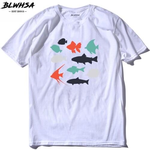 BLWHSA Men T-shirt Fashion Ocean Fishes Printing Tees&Tops Short Sleeve O-neck Hip-Hop White Clothing Summer T Shirt Homme