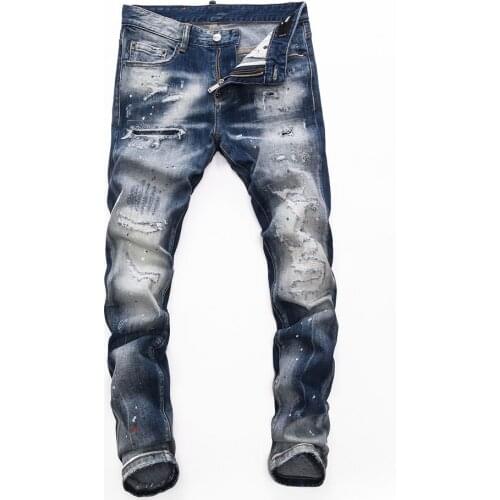Dsq brand European Style mens slim elastic jeans Men straight denim trousers zipper Slim blue hole pants jeans for men 8234
