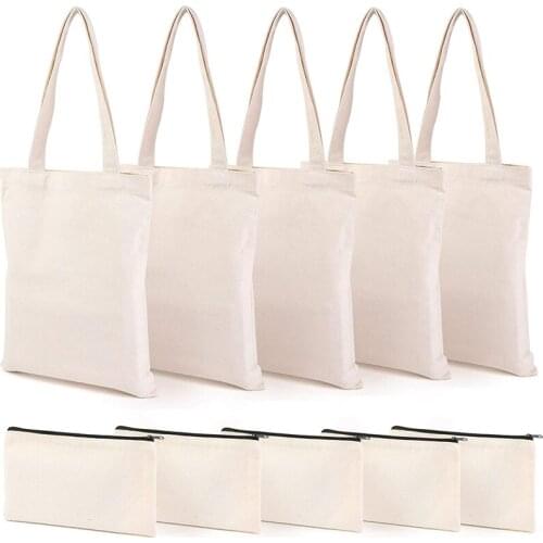 Canvas Pencil Pouch Tote Bags Set,DIY Craft Blank Makeup Bags with Zip Canvas Pen Case DIY Reusable Shopping Grocery Bag