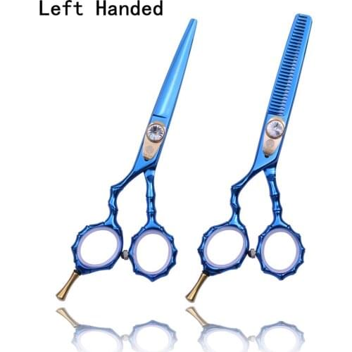 Purple Dragon 5.5 inch Blue Bamboo Handle Left Hand Cutting/Thinning Scissors Kit Left Handle Scissors with Bag Comb for Barber