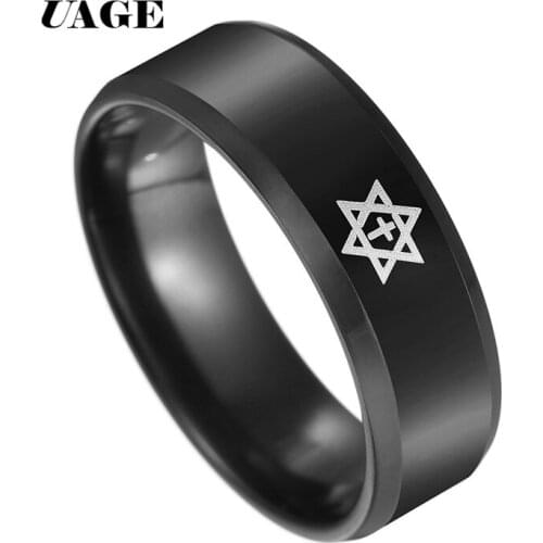 UAGE 2018 New Black Titanium Steel Pentagram Star of David Cross Ring Mens Women Wedding Band Israel Jewish Jewelry