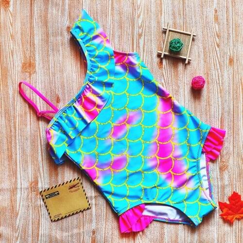 2021 New Girls Swimsuit Children Female Baby Mermaid Scale Print Ruffle Edge Gradient Swimsuit