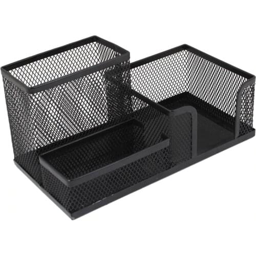 New-Students Office Desk Mesh Style 3 Compartments Metal Pen Holder Black