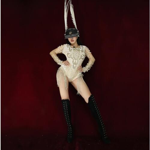 Nightclub Female Singer Dj Stage Performance Costume Golden Pearl Rhinestone Fringe Bodysuit Pole Dance Tassel Jumpsuit DWY5107