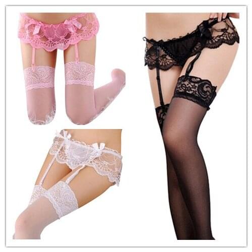 Sexy Stockings Lace Top Thigh-Highs Stockings & Garter Belt Suspender Set Women Lingerie Pantyhose Garter Belt 3 Colours