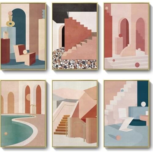 Retro Geometric Architecture Creative Landscape Hotel Apartment Morandi wall art canvas cuadros room decor aesthetic poster