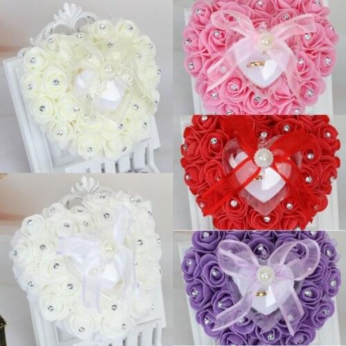 Romantic Rose Wedding Favor Heart Shape Ring Box Rhinestone Pillow Cushion Decor