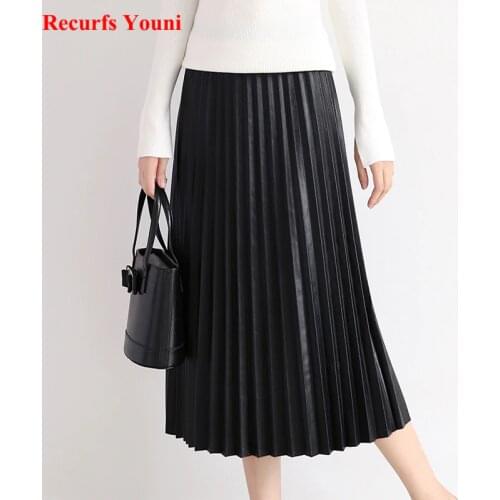 Ropa De Mujer 2021 Elegant Fashion Women Full-length Genuine Leather 75cm Long Pleated Skirt Lady Nappa Street Black Jupe Faldas