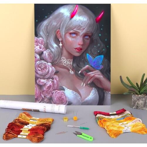 Cartoon Girl Woman Printed Water-Soluble Canvas 11CT Cross-Stitch Embroidery Set DMC Threads Hobby Handmade Wholesale