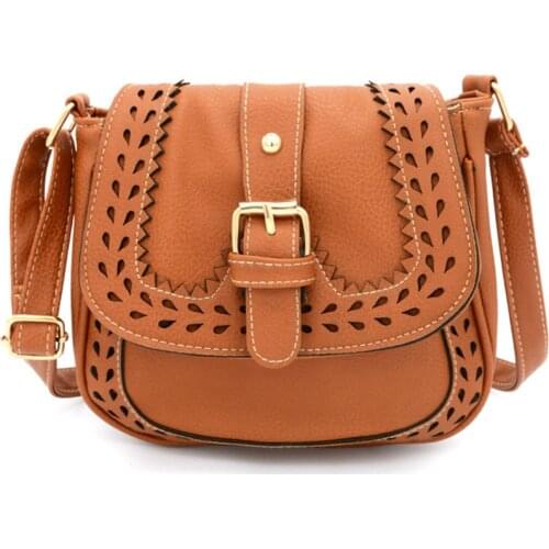 Vintage Hollow Out Shoulder Bag PU Leather Women Messenger Bags Handbags Ladies Crossbody High Quality