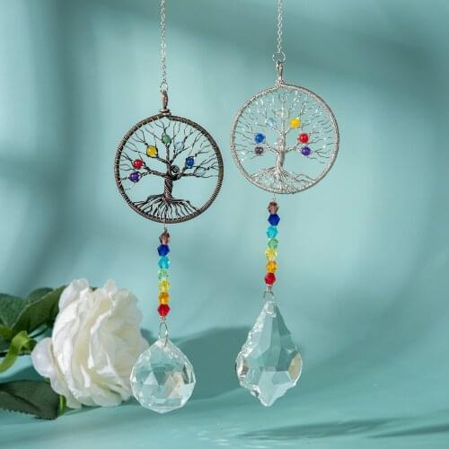 Hanging Crystal Suncatcher Life Tree Stone Beads Prism Pendant Craft Chain Hanging Window Ornament Home Garden Decoration