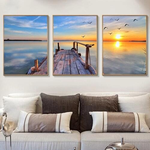 Sunrise Harbor Sea Beach Canvas Painting Nordic Landscape Flying Birds Posters and Print Wall Picture for Living Room Home Decor