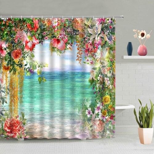 Water Colors Ocean Flowers Shower Curtain Green Leaves Trees Plants Floral Vines Bathtub Decoration Screen Washable With Hooks