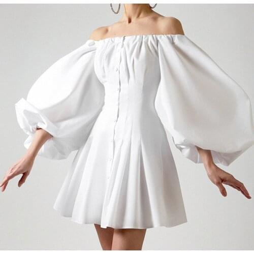 Ladies Sexy Off-the-Shoulder Sleeve Fold Tunic Black White Dress Women 2021 Spring Slash Neck Elegant Party Mini Dress Vestidos