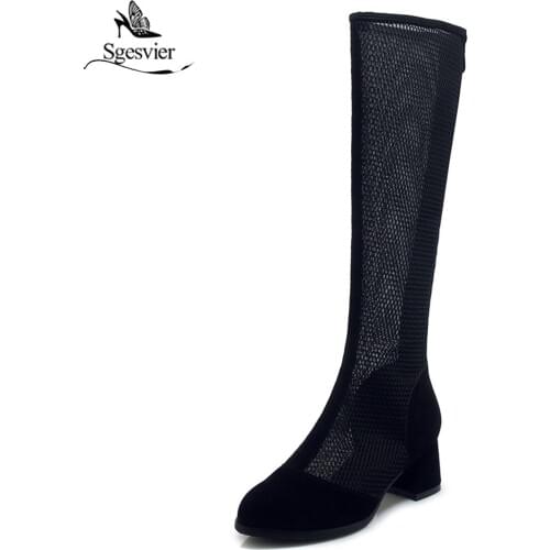 Sgesvier New round toe summer shoes hollow out lace zipper knee high boots women solid color party square high heels shoes G101