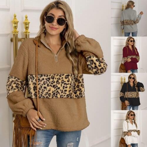 Women Hoodies Fashion Sweatshirts Leopard Print Patchwork Stand Collar Fashion Top Female Winter Warm Soft Casual Loose Pullover