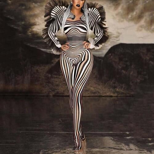 Fashion Zebra Pattern Jumpsuit Stretch Sexy Costume Women Nightclub Party Wear Dance Performance Bodysuit Festival Outfit