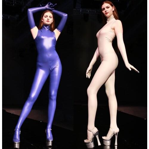 Women Wetlook Bodysuit Latex Catsuit Zipper Open Crotch Bodysuits Jumpsuit Sexy Body Suit One Piece Stage Pole Dancing Costumes
