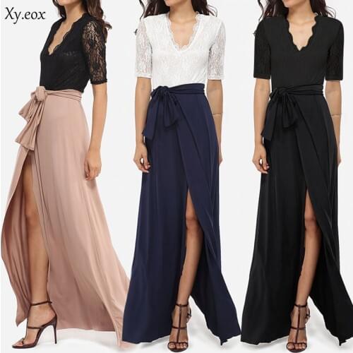 New Women Half Sleeve Lace Long Dress Split V Neck Party Evening Maxi Dress Gown