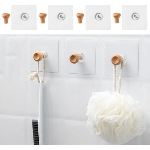 4pcs Self-Adhesive Clothes Hangers Wooden Wall Decoration Hook Wardrobe Kitchen Bathroom Hanging Rack