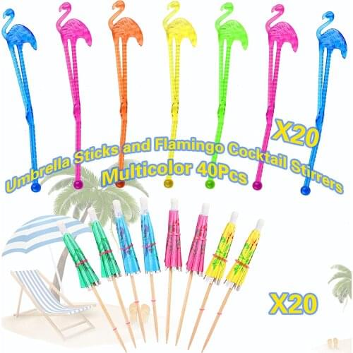 40PCS Cocktail Accessories Summer Party Decoration Including 20PCS Flamingo Stirrers Sticks 20PCS Umbrellas Sticks