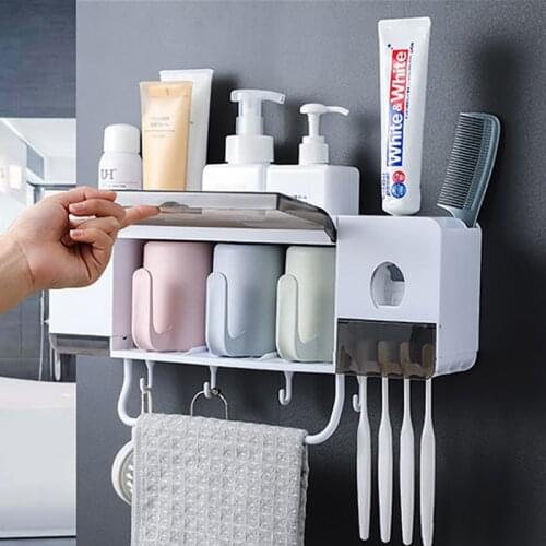 1Set Automatic Toothpaste Dispenser Towel Holder Wall-Mount Toothpaste Squeezer Toothbrush Rack With Hook Bathroom Accessories