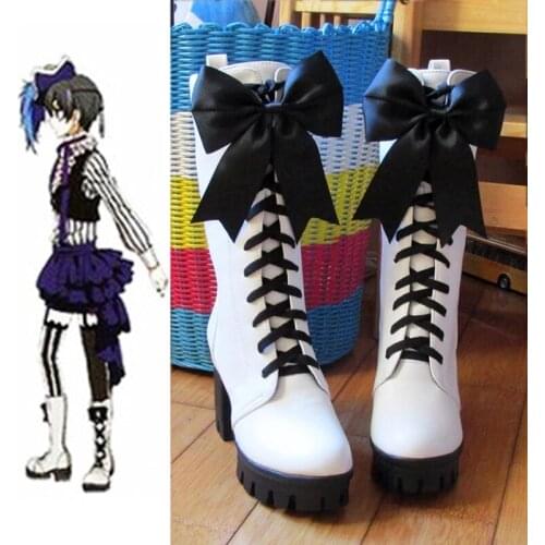 Anime Black Butler Ciel Phantomhive Circus Cosplay Boots Lace-up High Heels Cosplay Shoes for Women/Men White Size 35-43