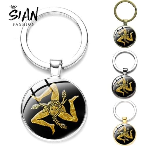 SIAN Trinacria Key Chain Ring Glass Crystal Keychain Charms Metal Keychains Fashion Keyring Pendant Accessories Trinkets Jewelry