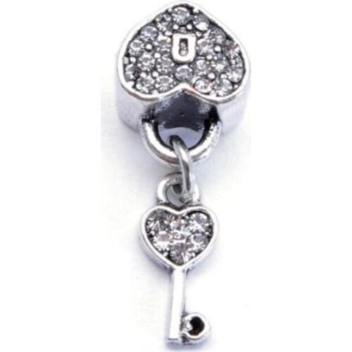 5PCS Wholesale Silver Plated White Crystal Key Charm Heart Lock Loose Beads Fit Original Bracelets Women DIY Jewelry
