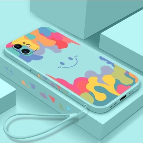 Summer Ice Cream Smile Face Liquid Silicone Phone Case For iPhone 12 11 Pro SE 2020 XS Max XR X 8 7 6 Plus Luxury Lanyard Cover