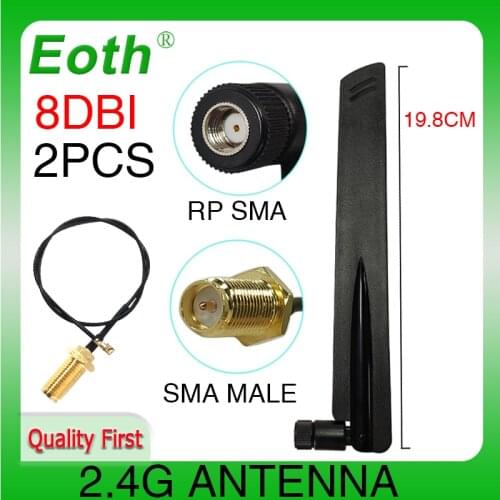 2pcs 2.4Ghz Antenna dual band 8dbi RP-SMA Connector 2.4G antena for wireless router + PCI UFL IPX to RP SMA Male Pigtail Cable