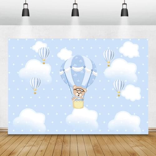 Laeacco Cartoon Bear Hot Air Balloon Dots Blue Sky White Clouds Baby Shower Photo Backgrounds Photographic Backdrop Photo Studio