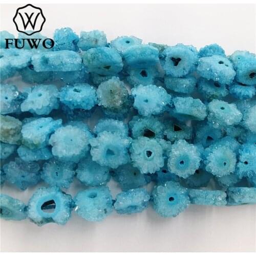 FUWO Natural Blue Geode Quartz Stalactite Agates Slice Beads String Raw Druzy Slab Jewelry DIY Beads Making ST002